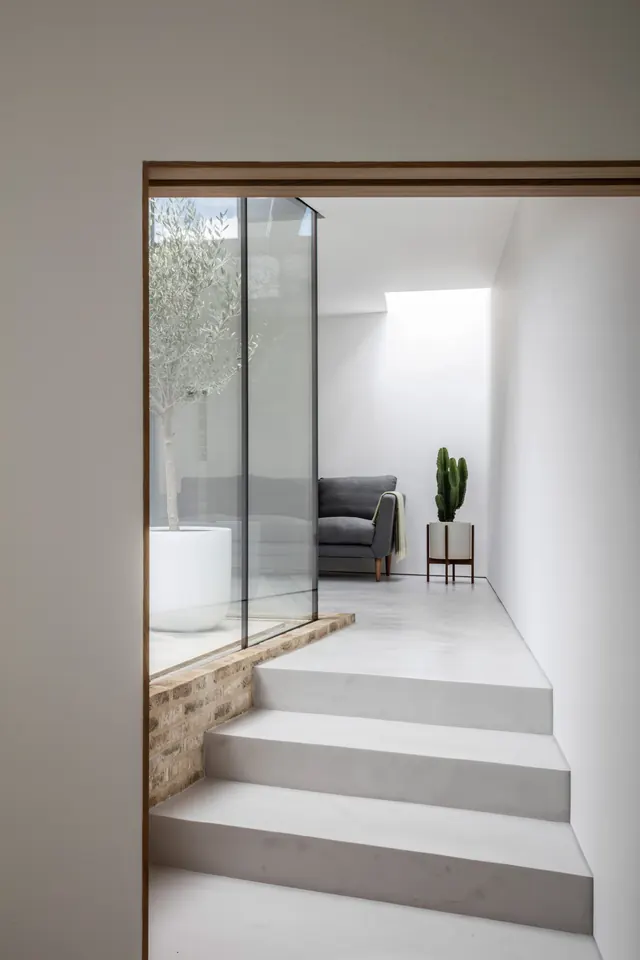 Minimalist residential stairway with glass partition, minimal, light-mode, light
