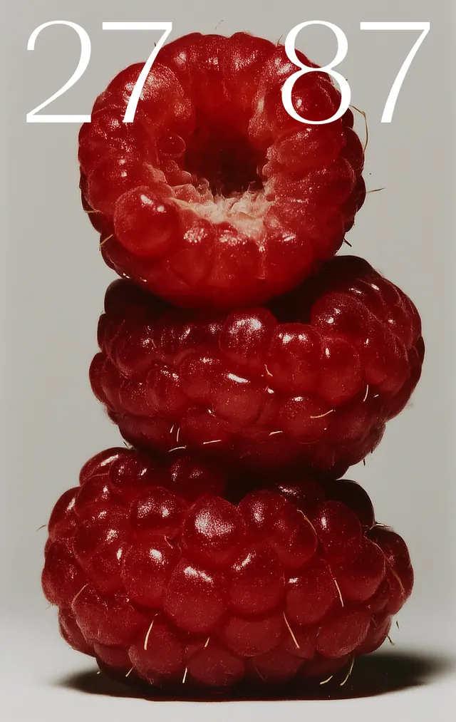 Stacked raspberries product photography with typography, photographic, minimal, warm