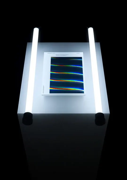 Lightbox display with spectrum color gradient analysis, minimal, technical, light