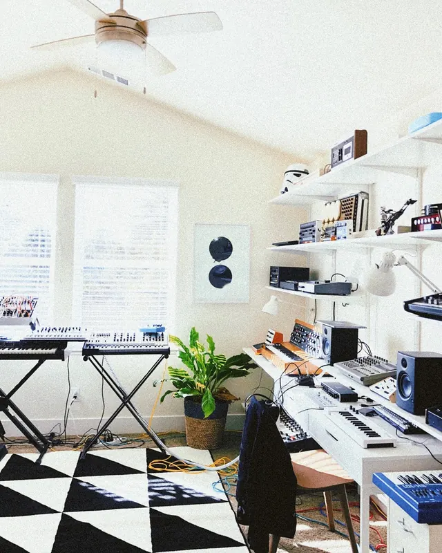 Bright home music studio with geometric floor and natural light, minimal, modern, light