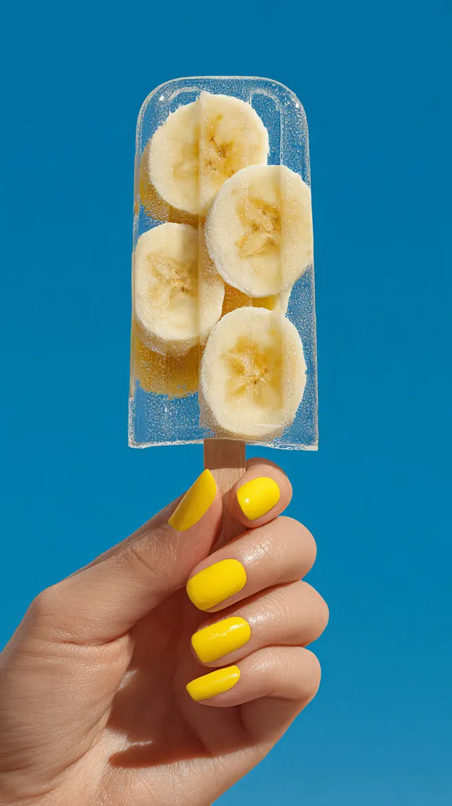 Hand holding frozen fruit popsicle with banana slices, photographic, playful, vibrant