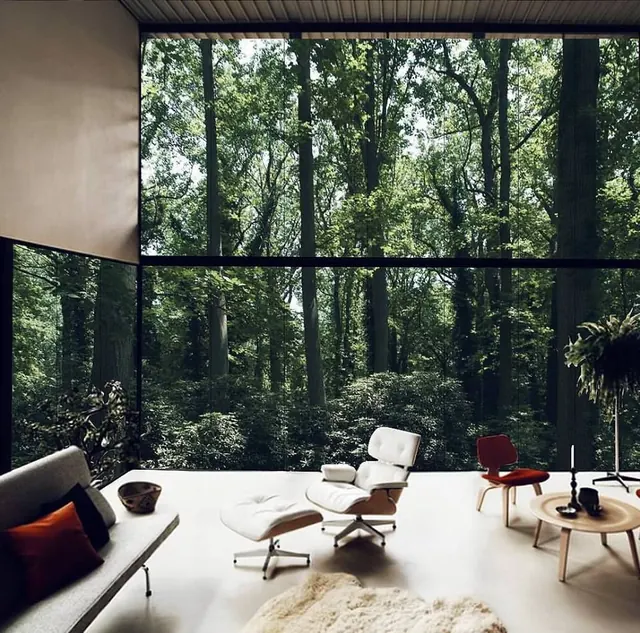 Modern interior with forest view and mid-century furniture, photographic, minimalist, earthy