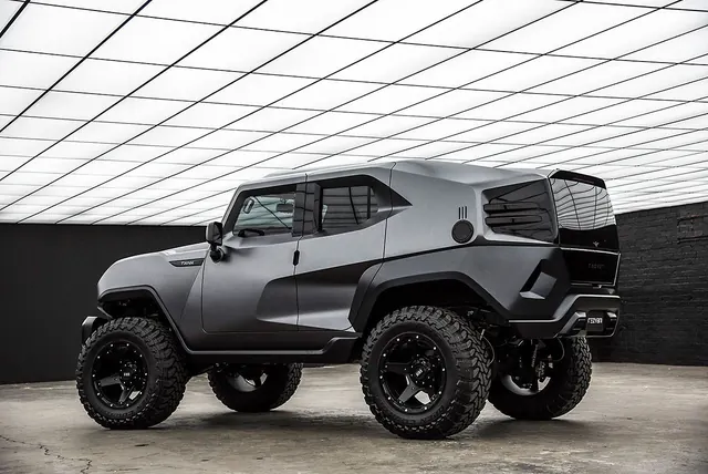 Lifted truck side profile in industrial space, photographic, technical, monochrome