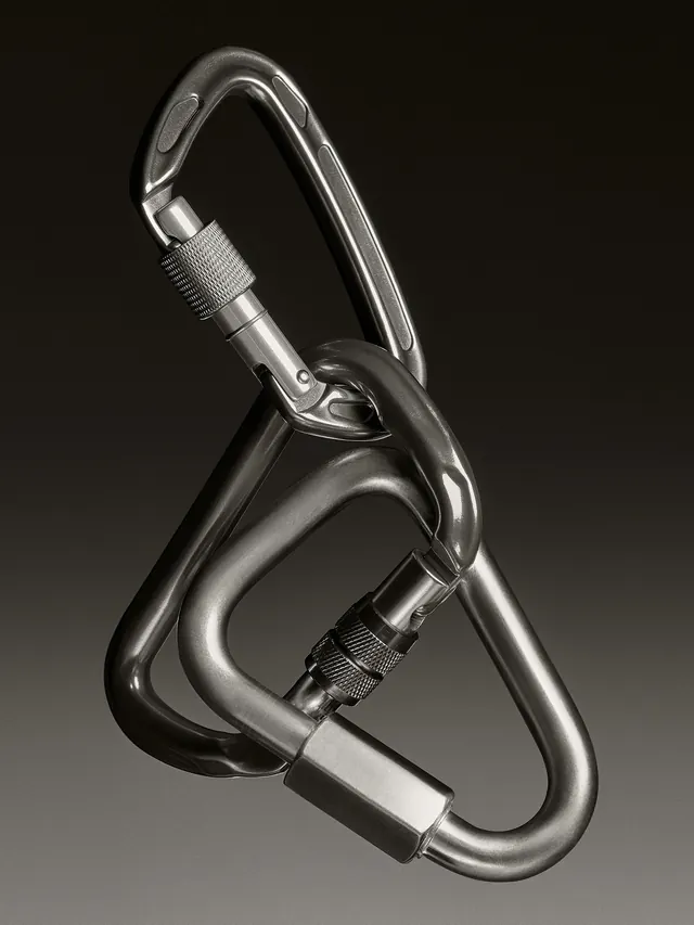 Premium carabiner product shot, photographic, luxury, dark