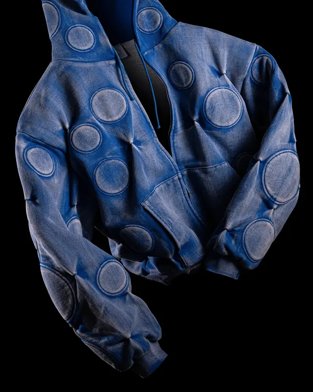 Patterned denim jacket fashion, photographic, fashion, vibrant