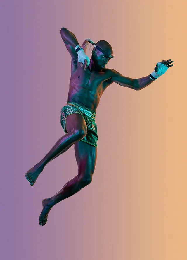 Muay Thai athlete gradient portrait, photographic, athletic, vibrant