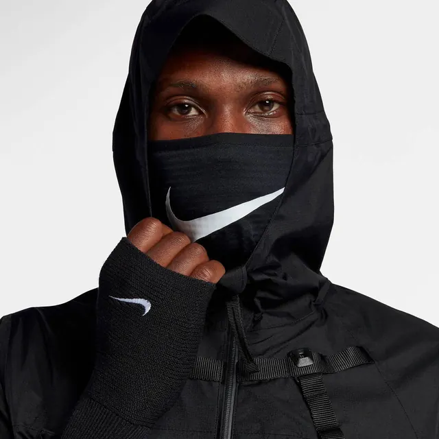 Nike face mask and hoodie product shot, photographic, minimal, dark