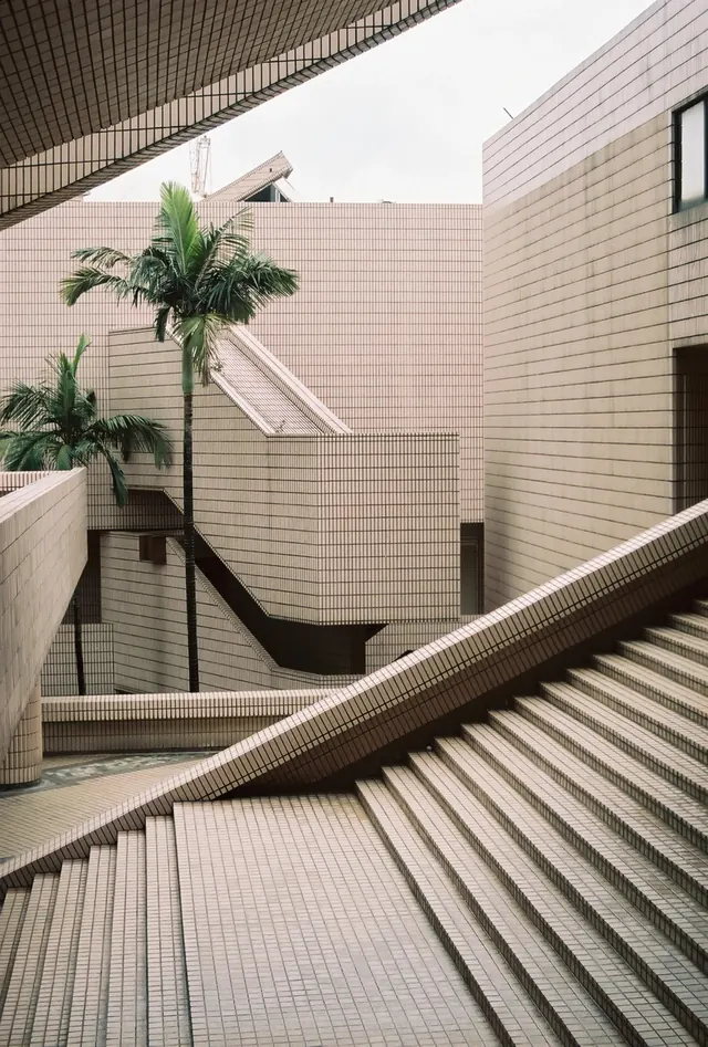 Minimalist architecture with palm tree, photographic, minimalist, warm