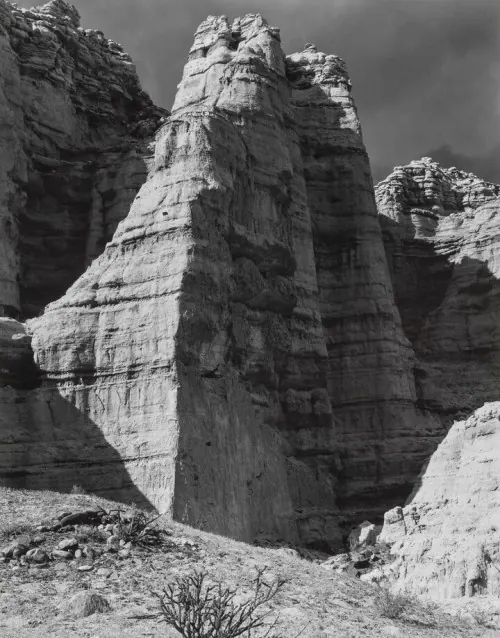 Dramatic rock formation landscape in black and white, photographic, monochrome, monochrome