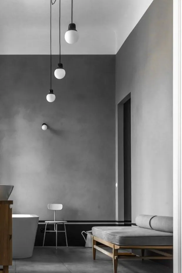 Minimalist bedroom with hanging pendant lights, photographic, minimalist, monochrome
