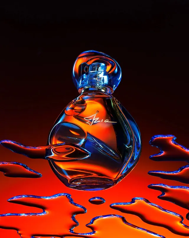 Neon-lit perfume bottle product shot, photographic, gradient-heavy, vibrant