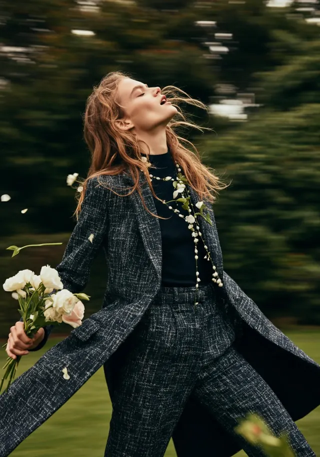 Person in tweed suit outdoors with flowers, photographic, organic, warm
