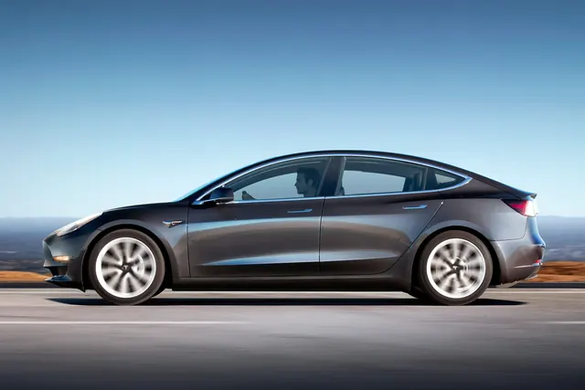 Tesla Model 3 side profile automotive shot, photographic, technical, cool