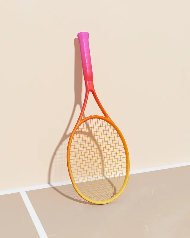Colorful tennis racket product shot, photographic, minimal, warm