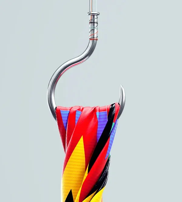 Colorful fabric wrapped around chrome hook, photographic, technical, vibrant