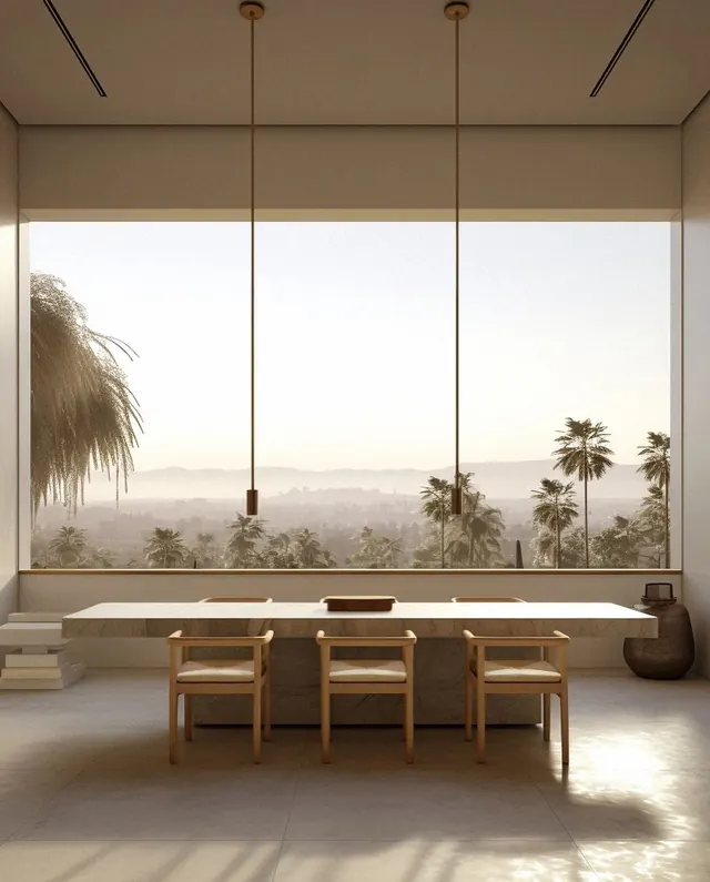 Minimalist dining room with mountain view, minimal, photographic, warm