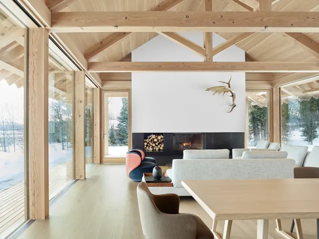Rustic modern cabin interior with exposed beams, minimal, organic, warm
