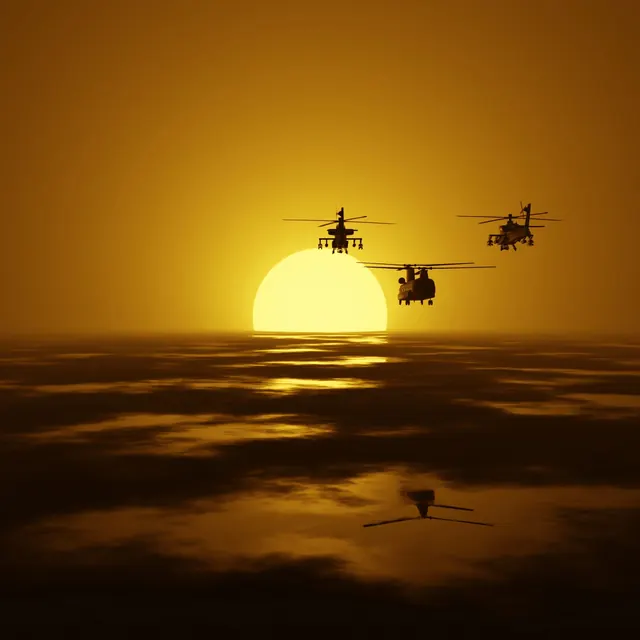 Military helicopters sunset silhouette, photographic, technical, warm