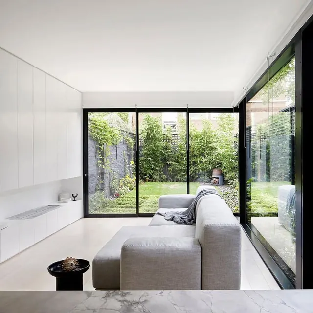 Modern minimal living room with garden views, minimal, photographic, light