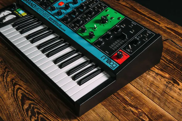 Moog Grandmother synthesizer product, photographic, technical, warm