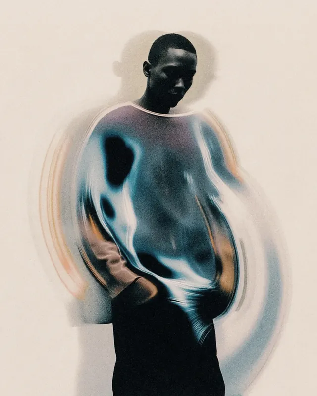 Abstracted motion figure portrait, illustrated, photographic, muted