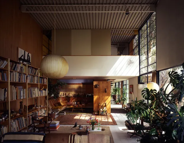 Eames House interior with wood and light, photographic, technical, warm