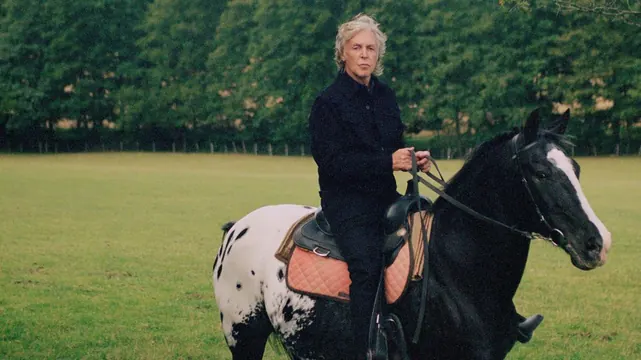 Paul McCartney on horseback editorial portrait, photographic, editorial, earthy