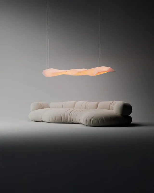 Minimalist furniture styling with pendant and sofa, minimal, photographic, warm