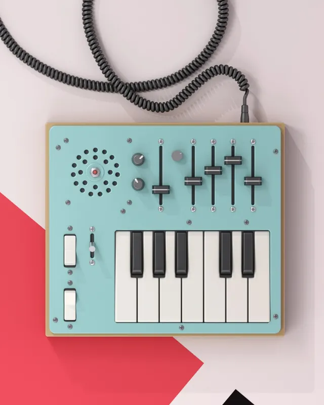 Vintage synthesizer with coiled cable aesthetic, flat-lay, vintage, pastel