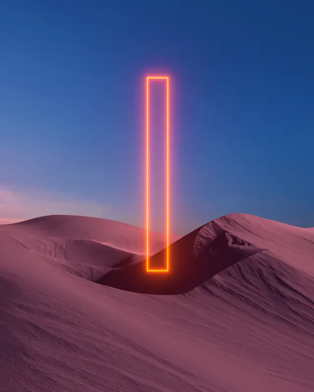 Neon light sculpture in desert landscape, minimalist, neon, neon