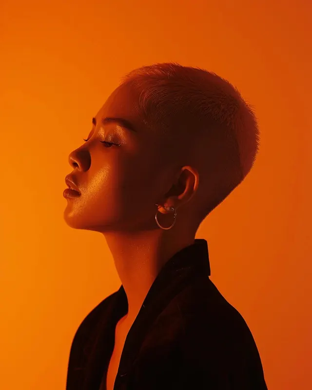 Portrait with vibrant orange monochromatic lighting, photographic, minimal, warm