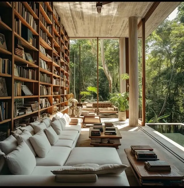 Modern library lounge with forest views, photographic, minimalist, warm