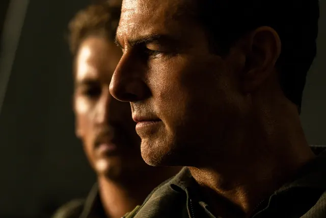 Two male faces in dramatic side-lit portrait, photographic, dramatic, dark