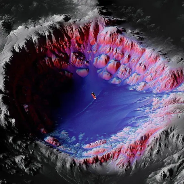 Aerial crater landscape with purple and pink tones, photographic, surreal, vibrant