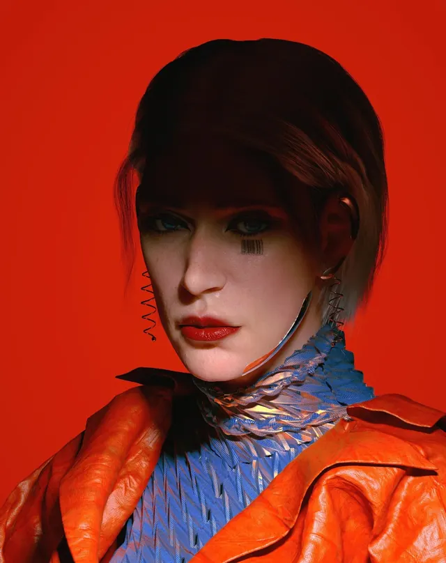 Portrait with bold red background and blue-orange clothing details, photographic, bold, vibrant