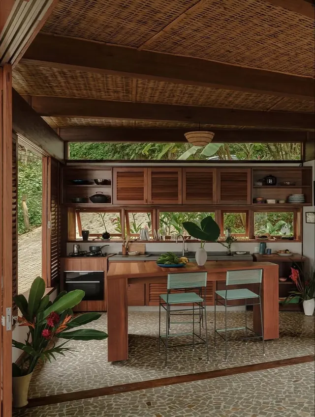 Warm mid-century kitchen interior with wooden elements and plants, photographic, organic, warm