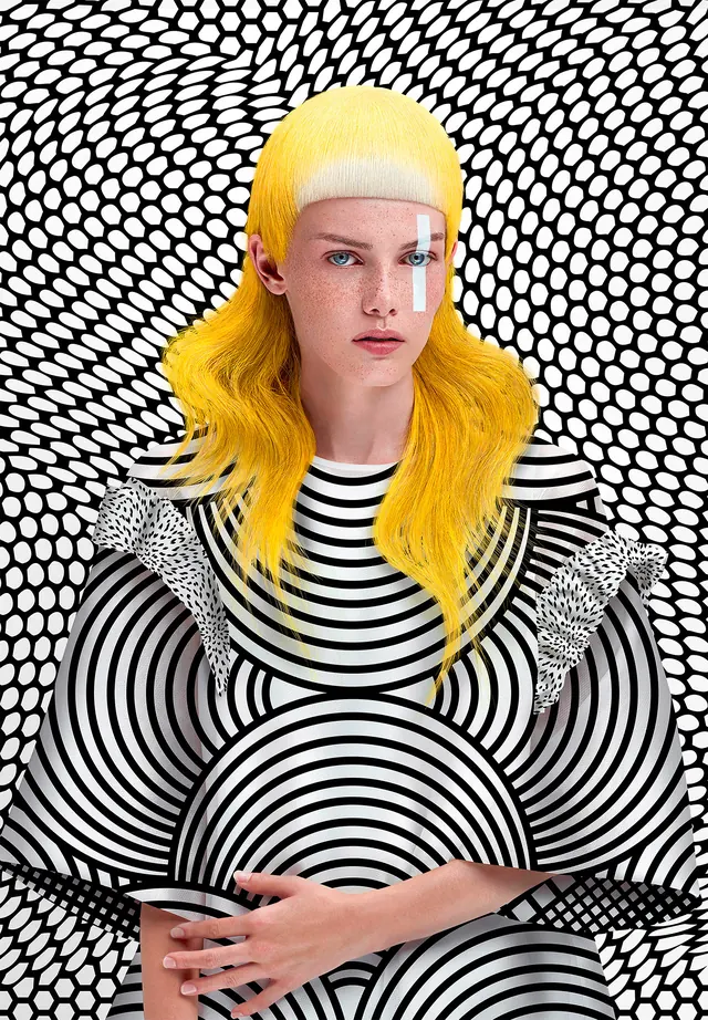 Fashion portrait with bold geometric patterns and yellow hair, photographic, geometric, vibrant