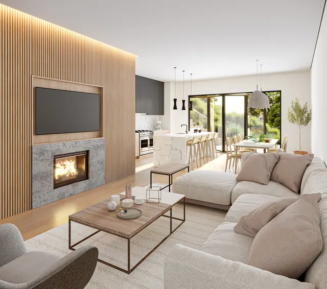 Minimalist open-concept living room with fireplace and natural light, photographic, minimalist, warm