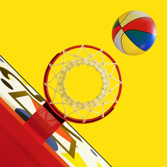 Basketball hoop overhead view, photographic, playful, vibrant
