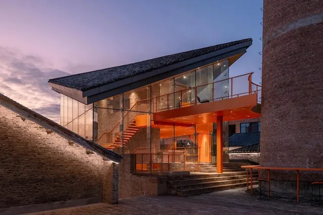 Modern architecture at twilight, photographic, technical, cool