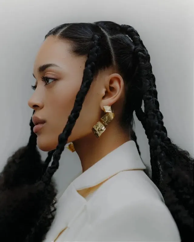 Profile portrait with braided hair and jewelry, photographic, minimal, muted
