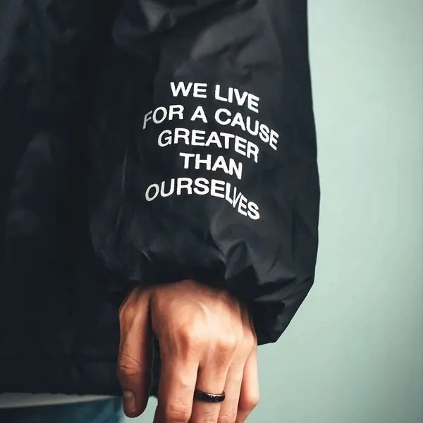 Hoodie with mission statement, photographic, technical, dark