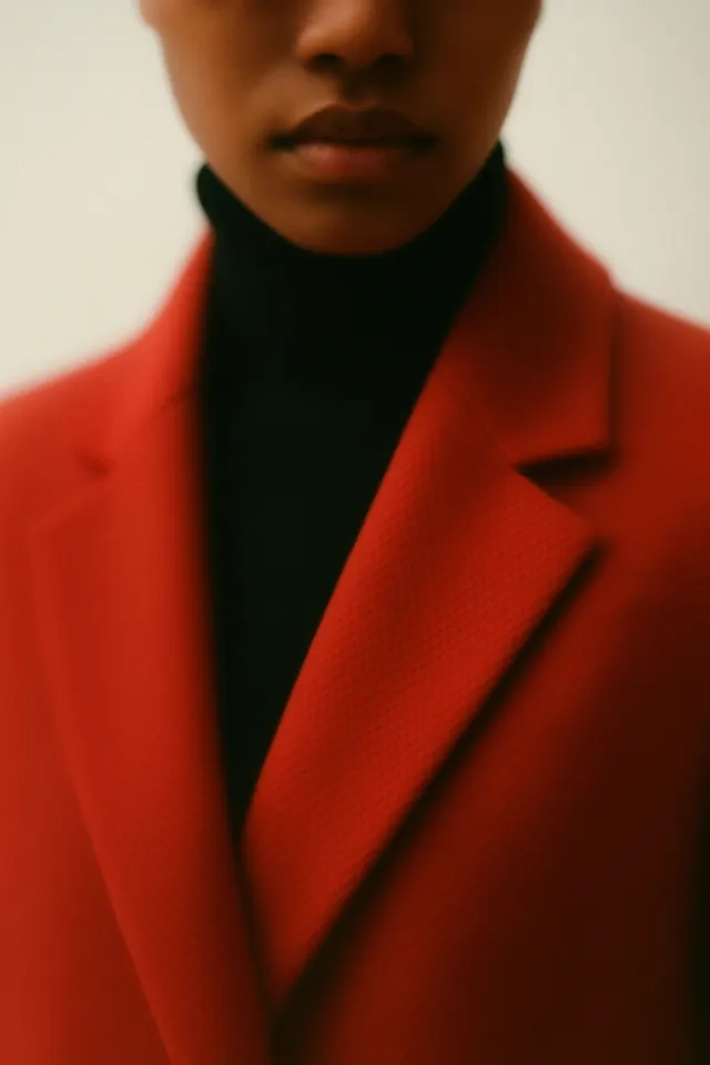 Fashion portrait in bold red jacket, photographic, minimalist, vibrant