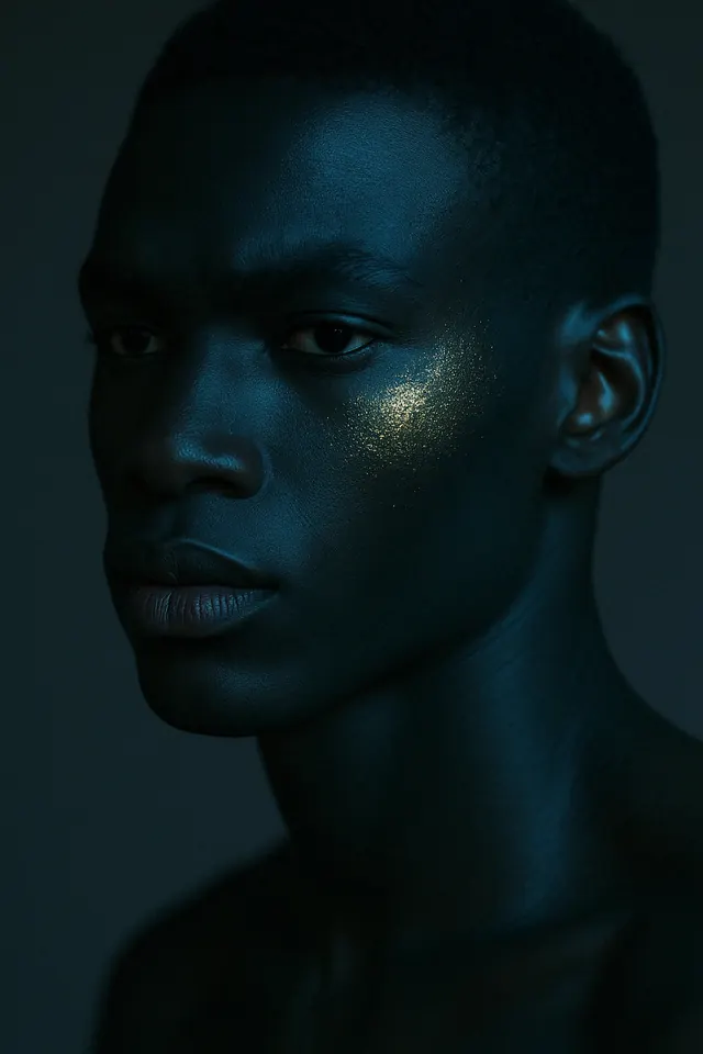 Dark atmospheric portrait with cyan color cast, photographic, dark-mode, dark