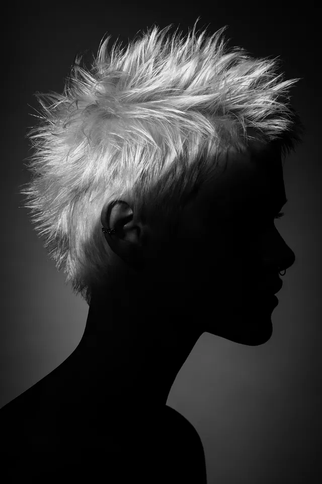 Monochrome profile portrait with textured short hair, photographic, minimalist, monochrome