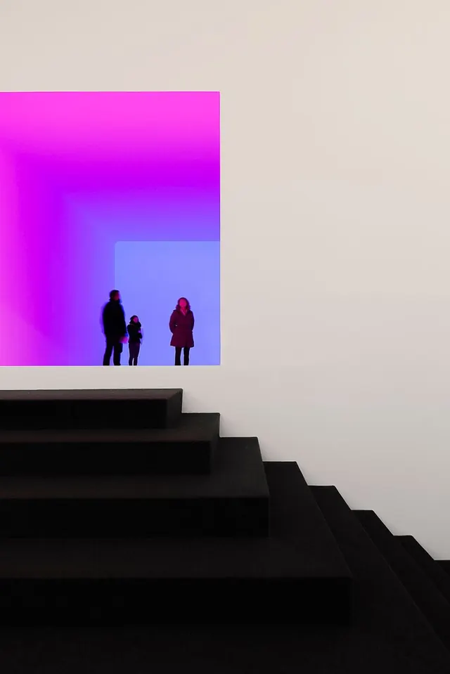 James Turrell light art installation visitors, minimal, technical, vibrant