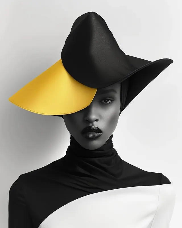 Avant-garde fashion hat geometric portrait, photographic, editorial, monochrome