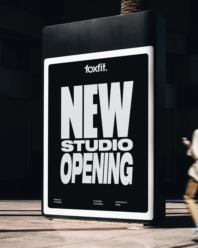 Foxfit studio opening billboard, minimal, bold, monochrome
