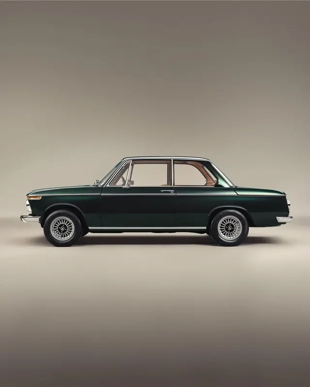 Vintage dark green sedan side profile, photographic, minimal, dark