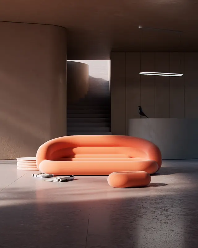Interior with sculptural orange curve sofa, photographic, minimalist, warm